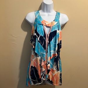 Tropical floral tunic top, sleeveless, coral, turquoise, navy, white.